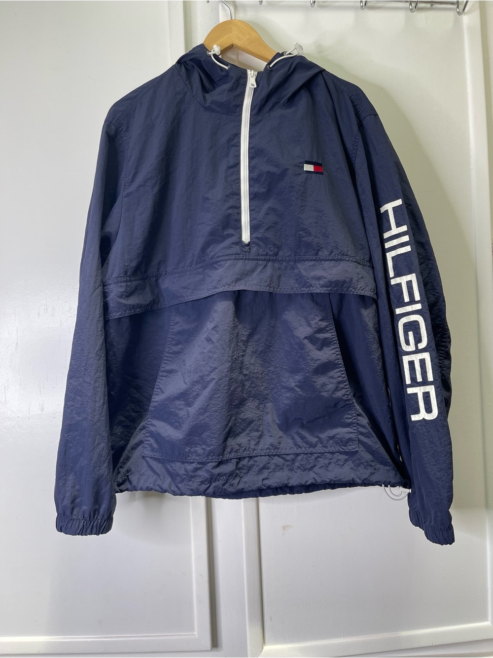 Tommy Hilfiger Taslan Retro Flag Hooded 1/2 Zip Pullover Wind Jacket approx XL
